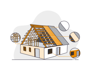 Learn more in this Illustration of a house with a cutaway roof showing layers, surrounded by wind mitigation symbols, indicating protection measures.